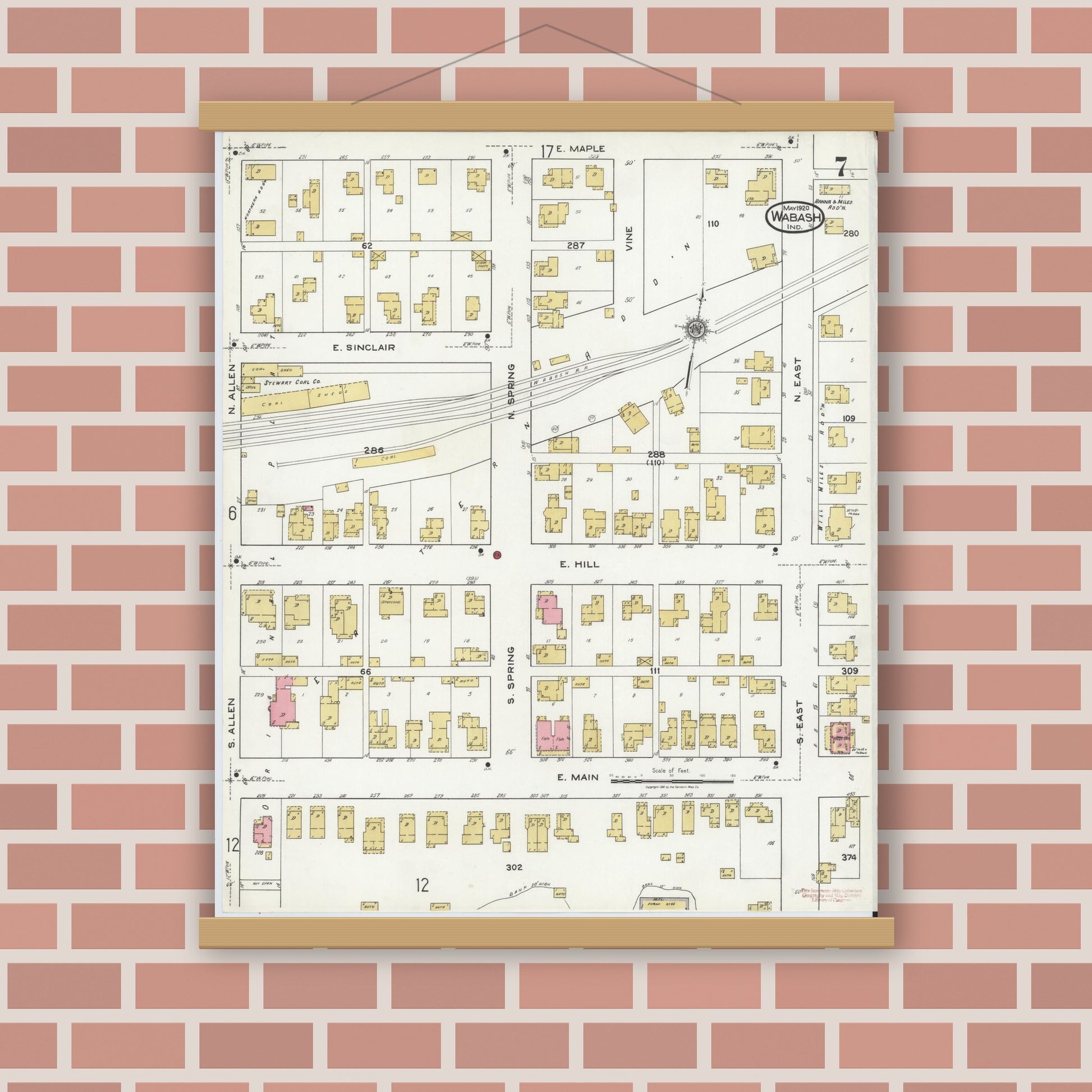 Old map wall art mockup — magnetic wood frame on brick wall — Sanborn Fire Insurance Map from Wabash, Wabash County, Indiana (1920), Sheet #0007
