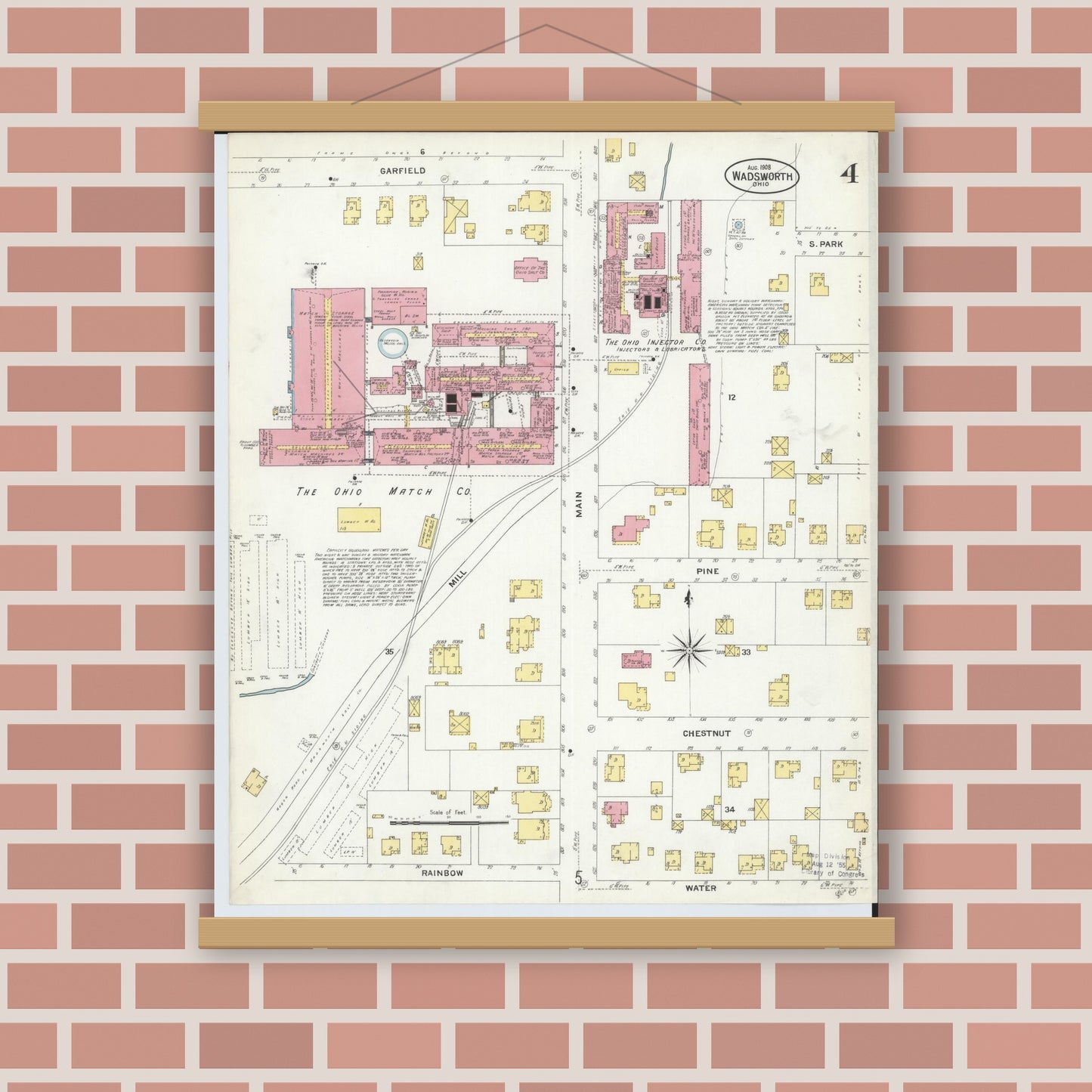 Old map wall art mockup — magnetic wood frame on brick wall — Sanborn Fire Insurance Map from Wadsworth, Medina County, Ohio (1908), Sheet #0004