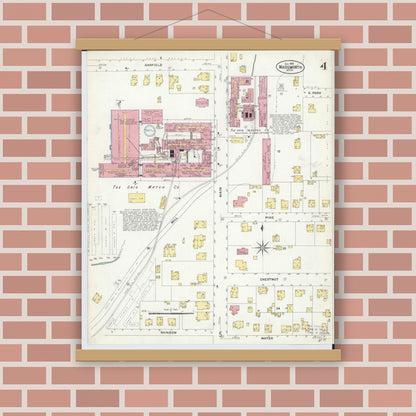 Old map wall art mockup — magnetic wood frame on brick wall — Sanborn Fire Insurance Map from Wadsworth, Medina County, Ohio (1908), Sheet #0004