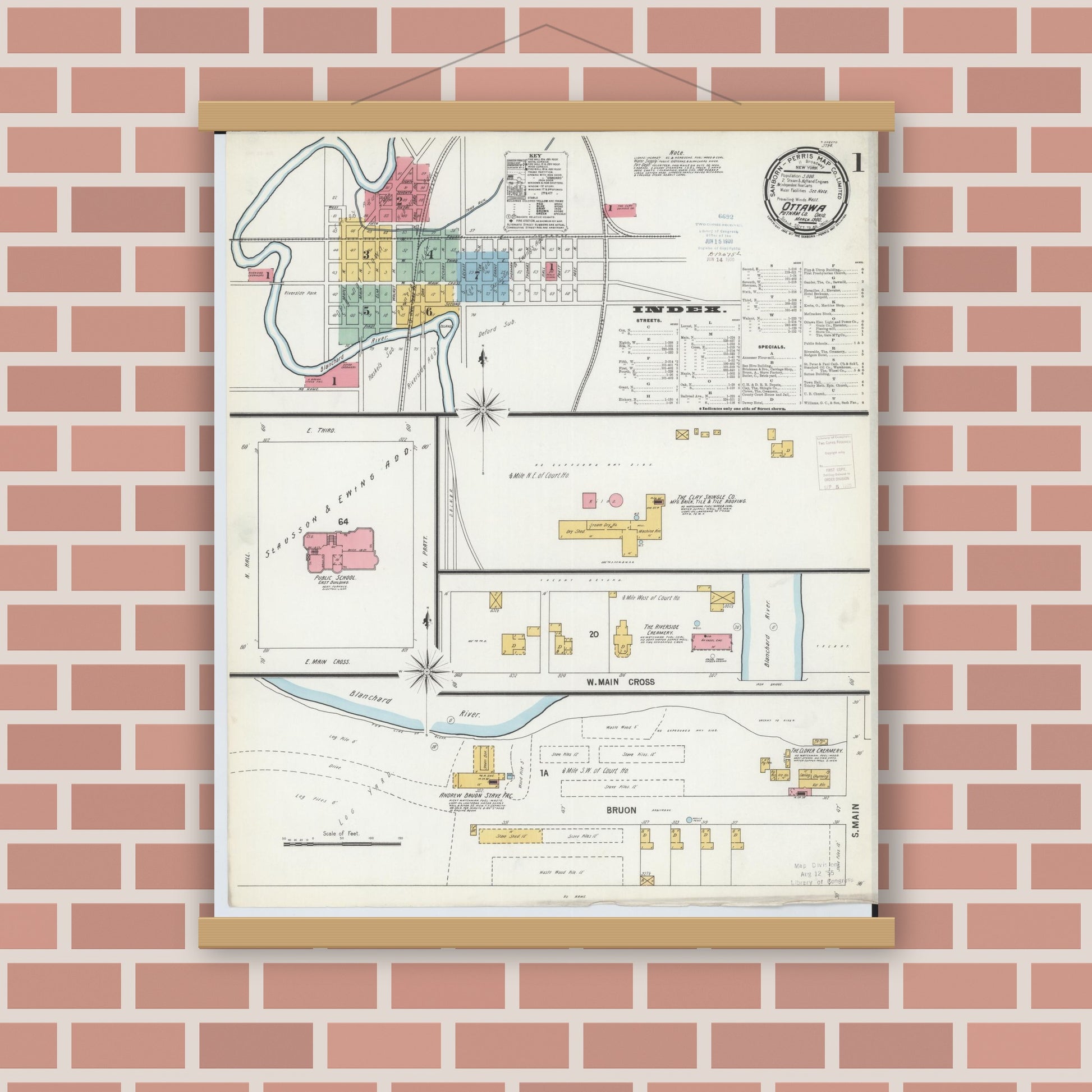 Old map wall art mockup — magnetic wood frame on brick wall — Sanborn Fire Insurance Map from Ottawa, Putnam County, Ohio (1900) - Complete Map Set