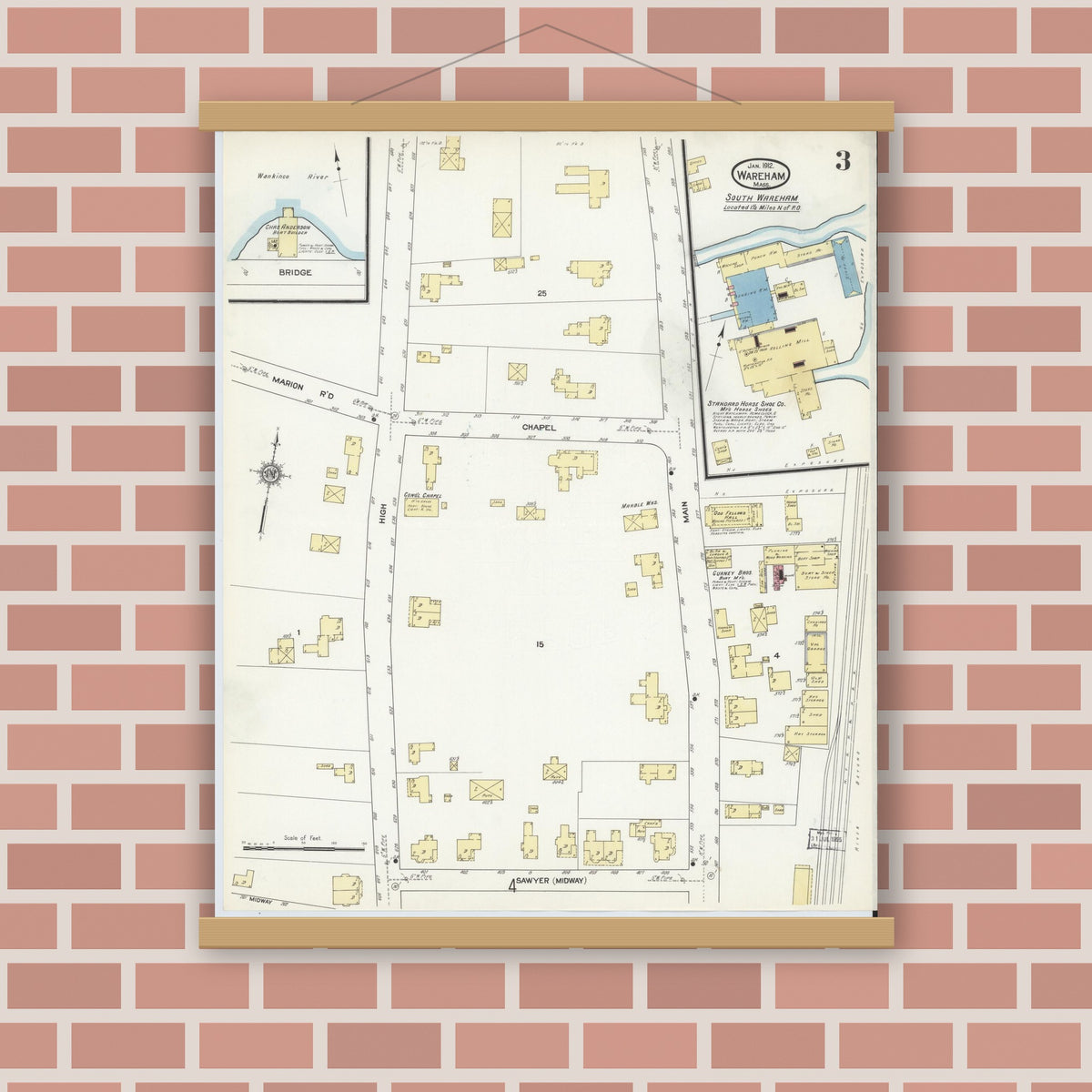 Old map wall art mockup — magnetic wood frame on brick wall — Sanborn Fire Insurance Map from Wareham, Plymouth County, Massachusetts (1912), Sheet #0003
