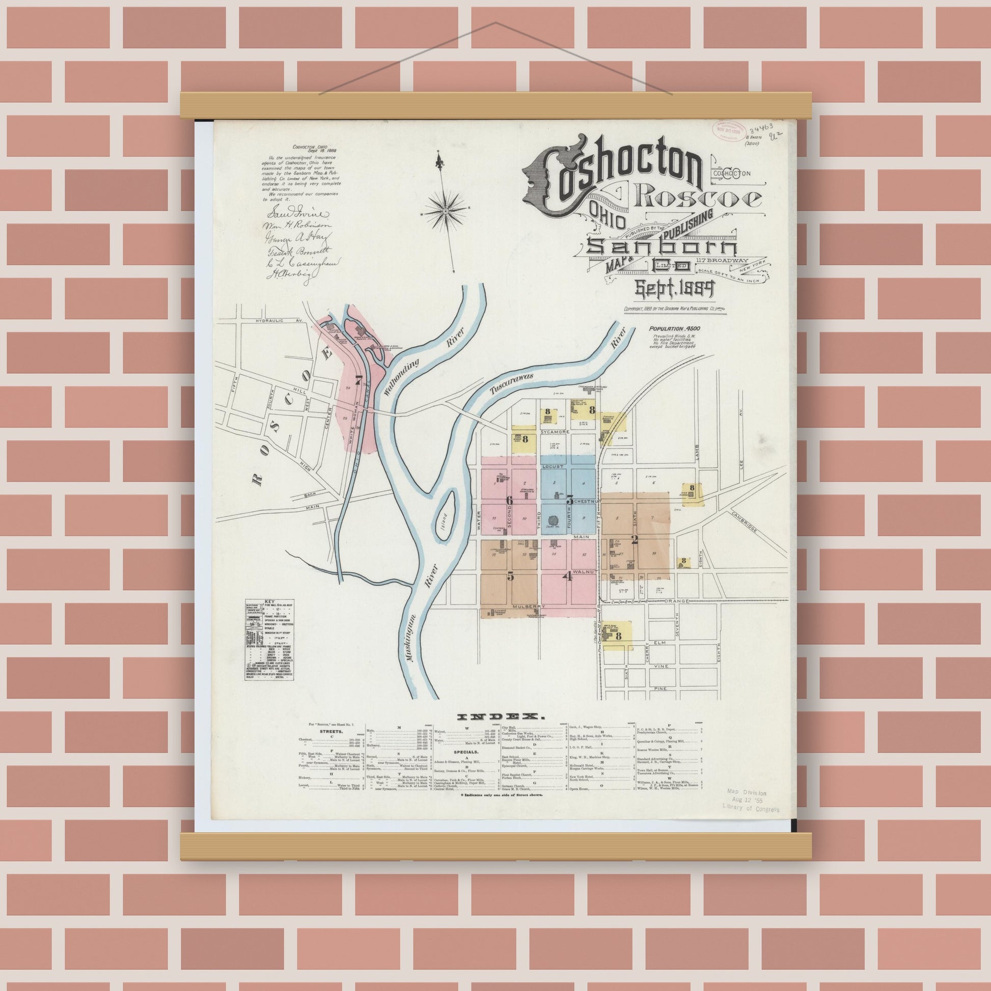 Old map wall art mockup — magnetic wood frame on brick wall — Sanborn Fire Insurance Map from Coshocton, Coshocton County, Ohio (1889) - Complete Map Set