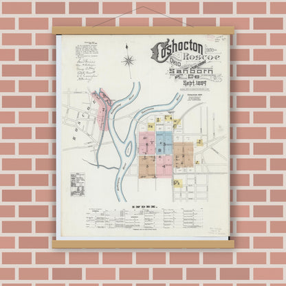 Old map wall art mockup — magnetic wood frame on brick wall — Sanborn Fire Insurance Map from Coshocton, Coshocton County, Ohio (1889) - Complete Map Set