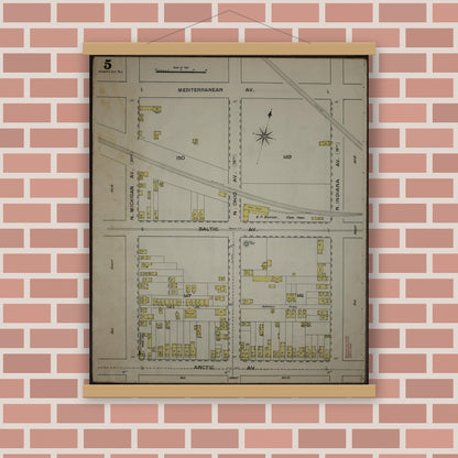 Old map wall art mockup — magnetic wood frame on brick wall — Sanborn Fire Insurance Map from Atlantic City, Atlantic County, New Jersey (1886), Sheet #0005