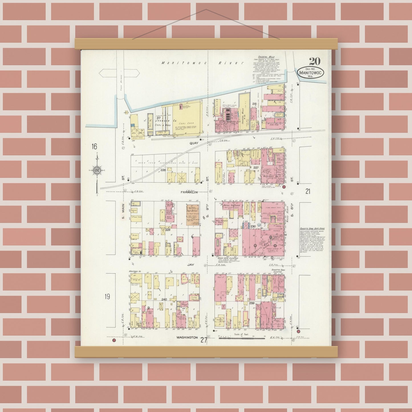 Old map wall art mockup — magnetic wood frame on brick wall — Sanborn Fire Insurance Map from Manitowoc, Manitowoc County, Wisconsin (1912), Sheet #0020