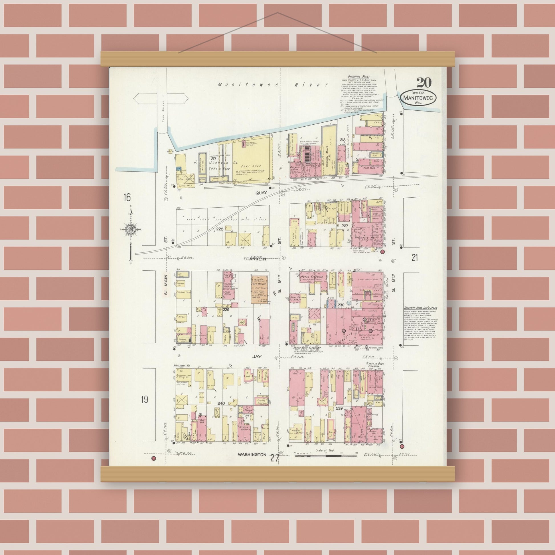 Old map wall art mockup — magnetic wood frame on brick wall — Sanborn Fire Insurance Map from Manitowoc, Manitowoc County, Wisconsin (1912), Sheet #0020