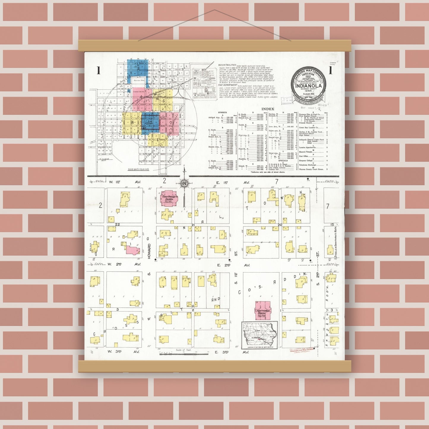 Old map wall art mockup — magnetic wood frame on brick wall — Sanborn Fire Insurance Map from Indianola, Warren County, Iowa (1918), Sheet #0001
