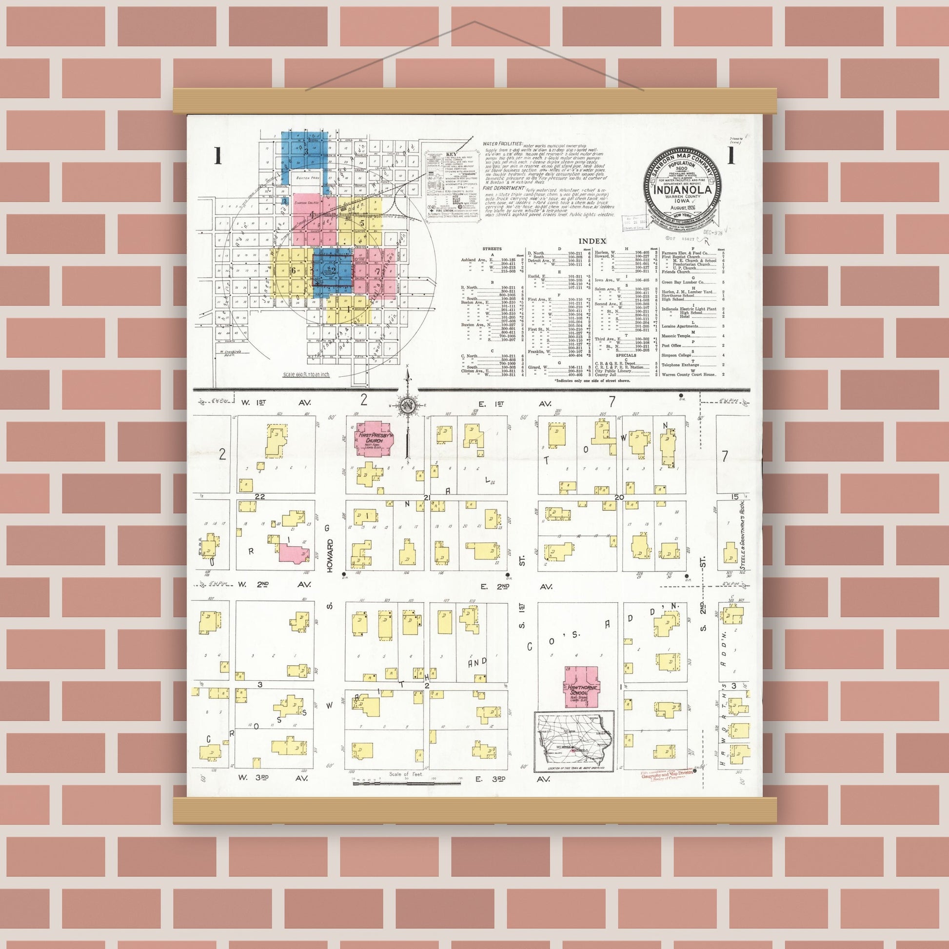Old map wall art mockup — magnetic wood frame on brick wall — Sanborn Fire Insurance Map from Indianola, Warren County, Iowa (1918), Sheet #0001