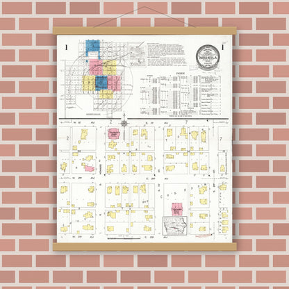 Old map wall art mockup — magnetic wood frame on brick wall — Sanborn Fire Insurance Map from Indianola, Warren County, Iowa (1918), Sheet #0001