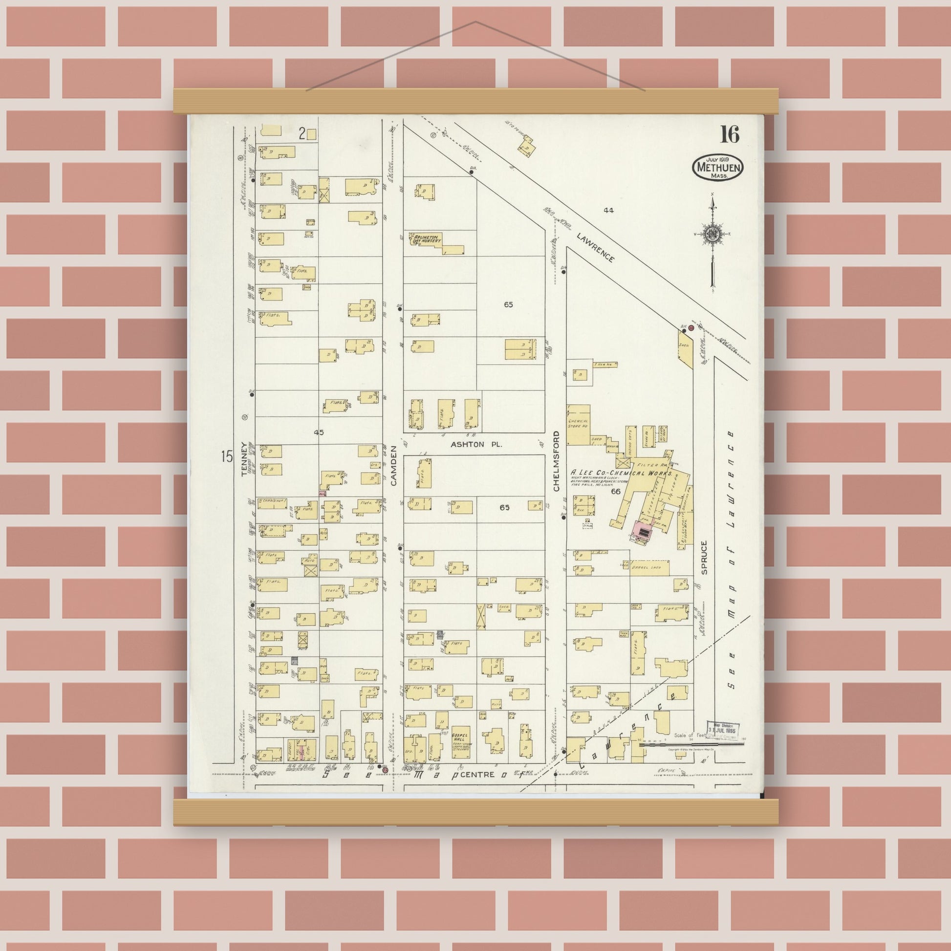 Old map wall art mockup — magnetic wood frame on brick wall — Sanborn Fire Insurance Map from Methuen, Essex County, Massachusetts (1919), Sheet #0016