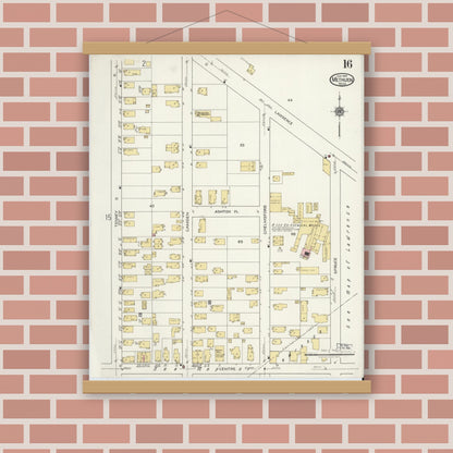 Old map wall art mockup — magnetic wood frame on brick wall — Sanborn Fire Insurance Map from Methuen, Essex County, Massachusetts (1919), Sheet #0016