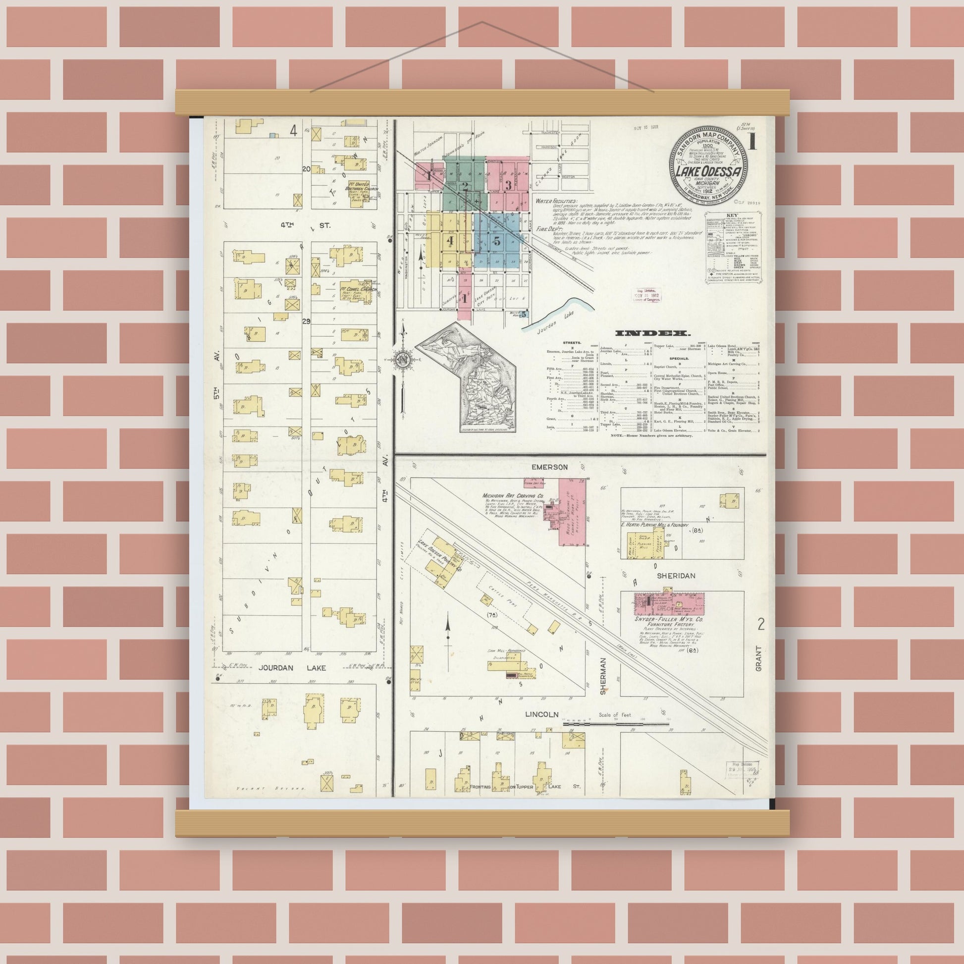 Old map wall art mockup — magnetic wood frame on brick wall — Sanborn Fire Insurance Map from Lake Odessa, Ionia County, Michigan (1912) - Complete Map Set