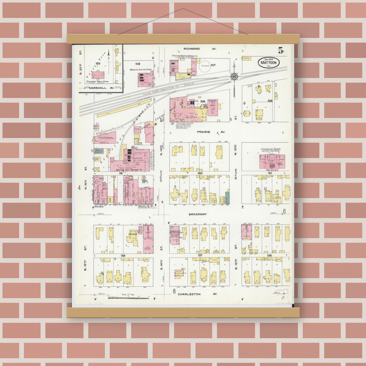 Old map wall art mockup — magnetic wood frame on brick wall — Sanborn Fire Insurance Map from Mattoon, Coles County, Illinois (1909), Sheet #0005