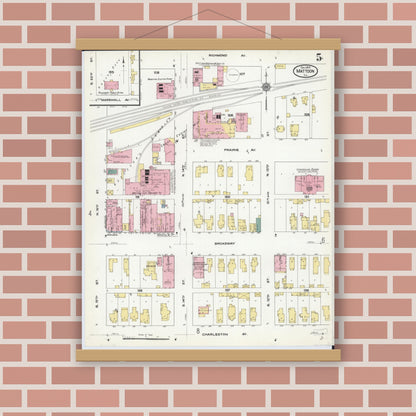 Old map wall art mockup — magnetic wood frame on brick wall — Sanborn Fire Insurance Map from Mattoon, Coles County, Illinois (1909), Sheet #0005