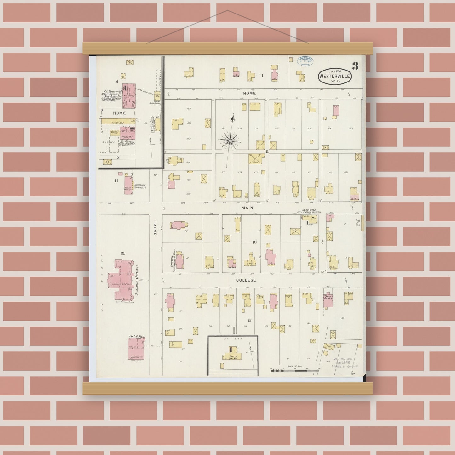 Old map wall art mockup — magnetic wood frame on brick wall — Sanborn Fire Insurance Map from Westerville, Franklin County, Ohio (1894), Sheet #0003