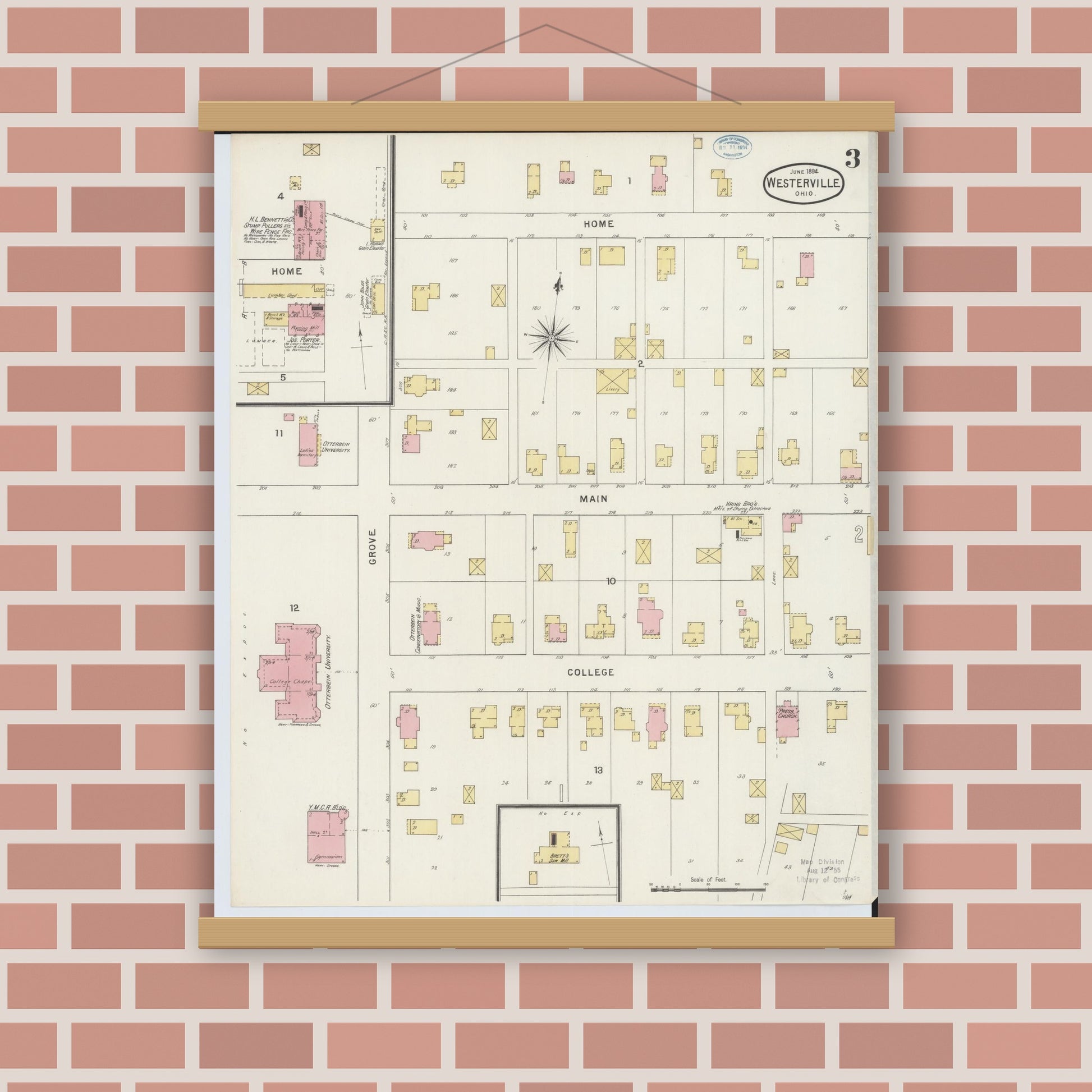 Old map wall art mockup — magnetic wood frame on brick wall — Sanborn Fire Insurance Map from Westerville, Franklin County, Ohio (1894), Sheet #0003