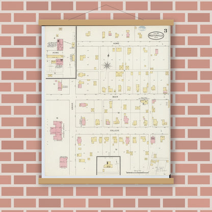Old map wall art mockup — magnetic wood frame on brick wall — Sanborn Fire Insurance Map from Westerville, Franklin County, Ohio (1894), Sheet #0003