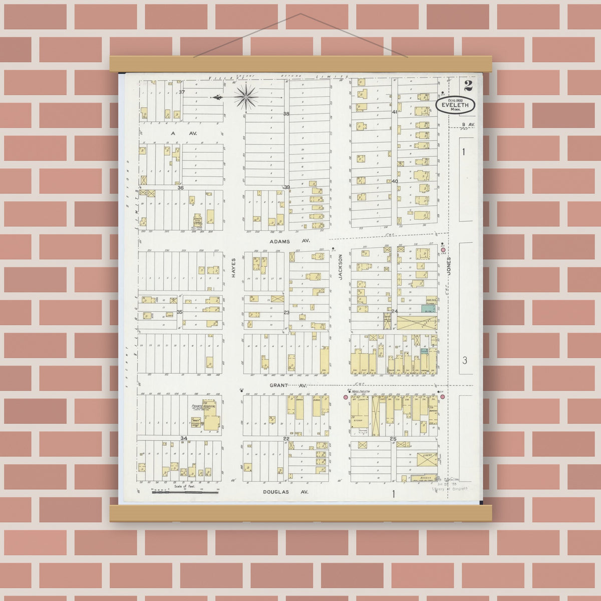 Old map wall art mockup — magnetic wood frame on brick wall — Sanborn Fire Insurance Map from Eveleth, Saint Louis County, Minnesota (1900), Sheet #0002