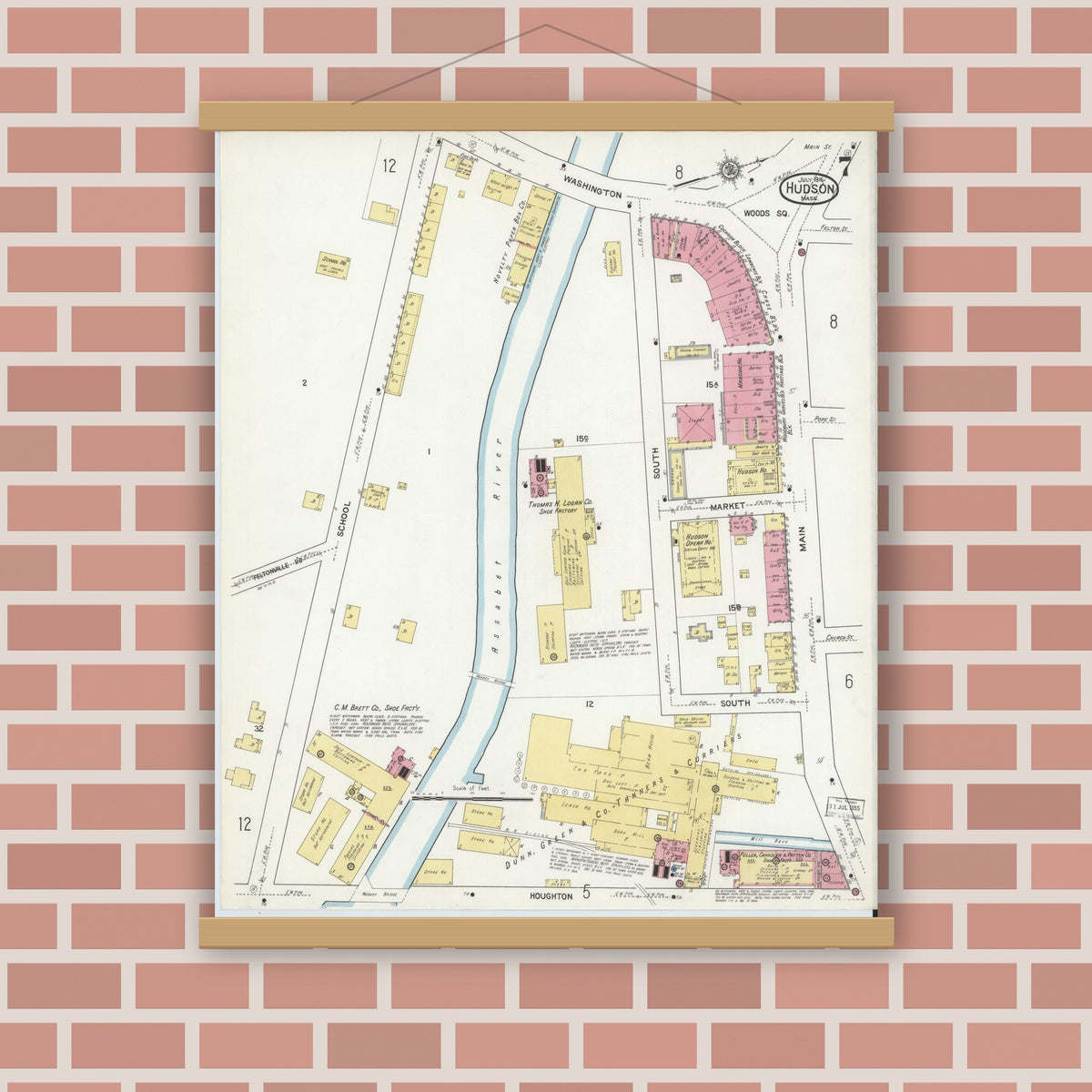 Old map wall art mockup — magnetic wood frame on brick wall — Sanborn Fire Insurance Map from Hudson, Middlesex County, Massachusetts (1916), Sheet #0007