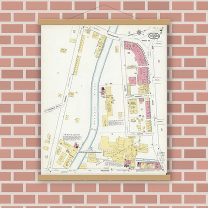 Old map wall art mockup — magnetic wood frame on brick wall — Sanborn Fire Insurance Map from Hudson, Middlesex County, Massachusetts (1916), Sheet #0007