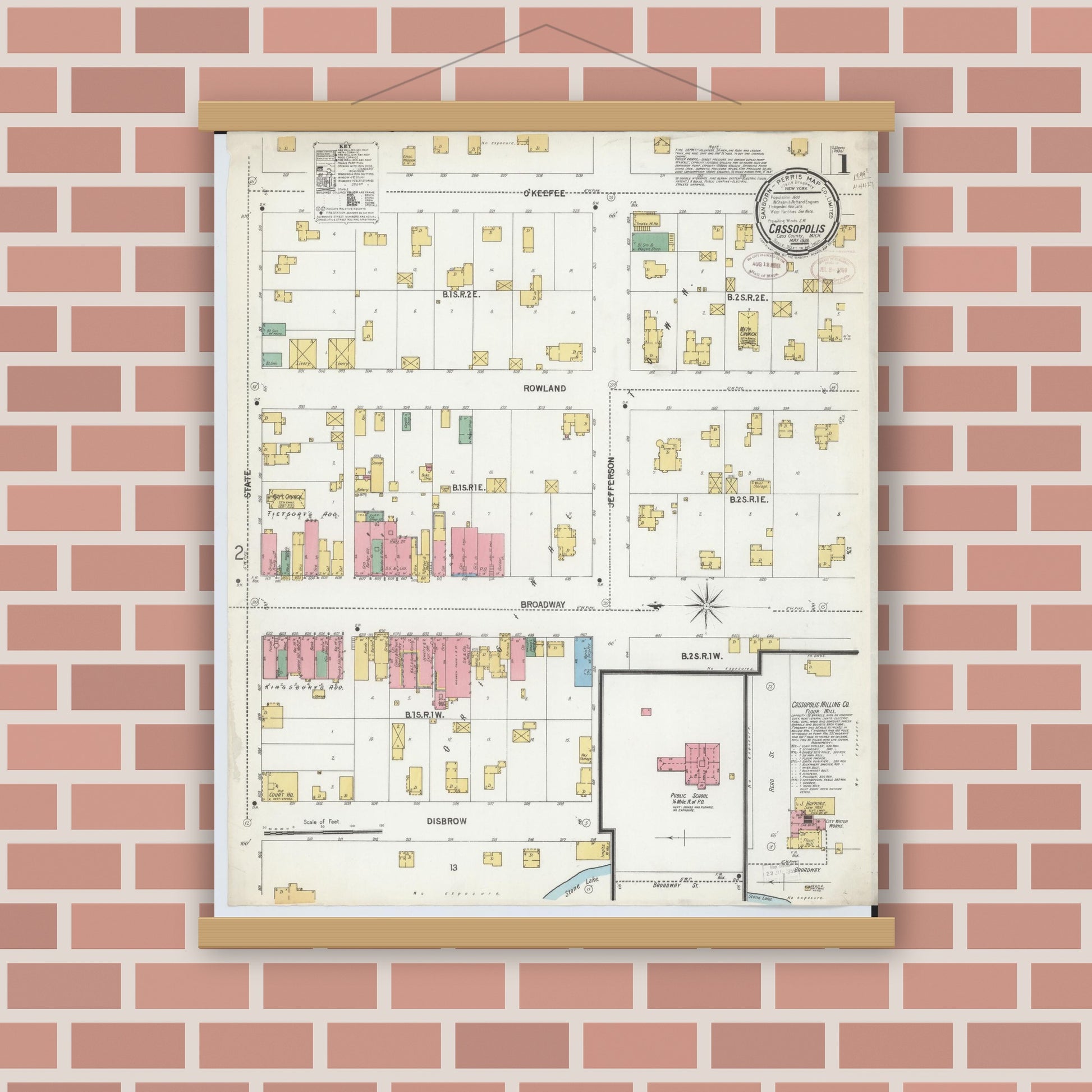 Old map wall art mockup — magnetic wood frame on brick wall — Sanborn Fire Insurance Map from Cassopolis, Cass County, Michigan (1899) - Complete Map Set