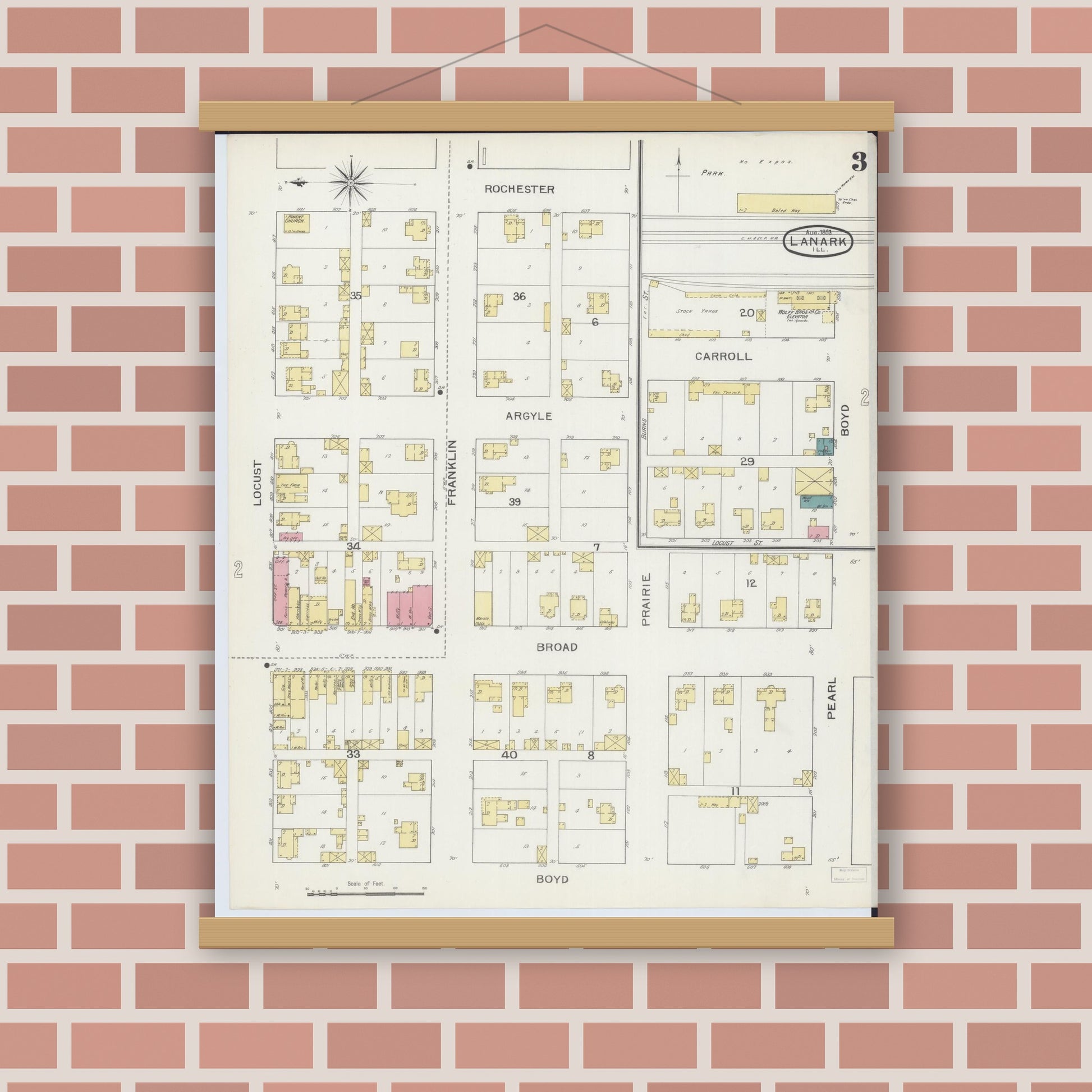 Old map wall art mockup — magnetic wood frame on brick wall — Sanborn Fire Insurance Map from Lanark, Carroll County, Illinois (1893), Sheet #0003