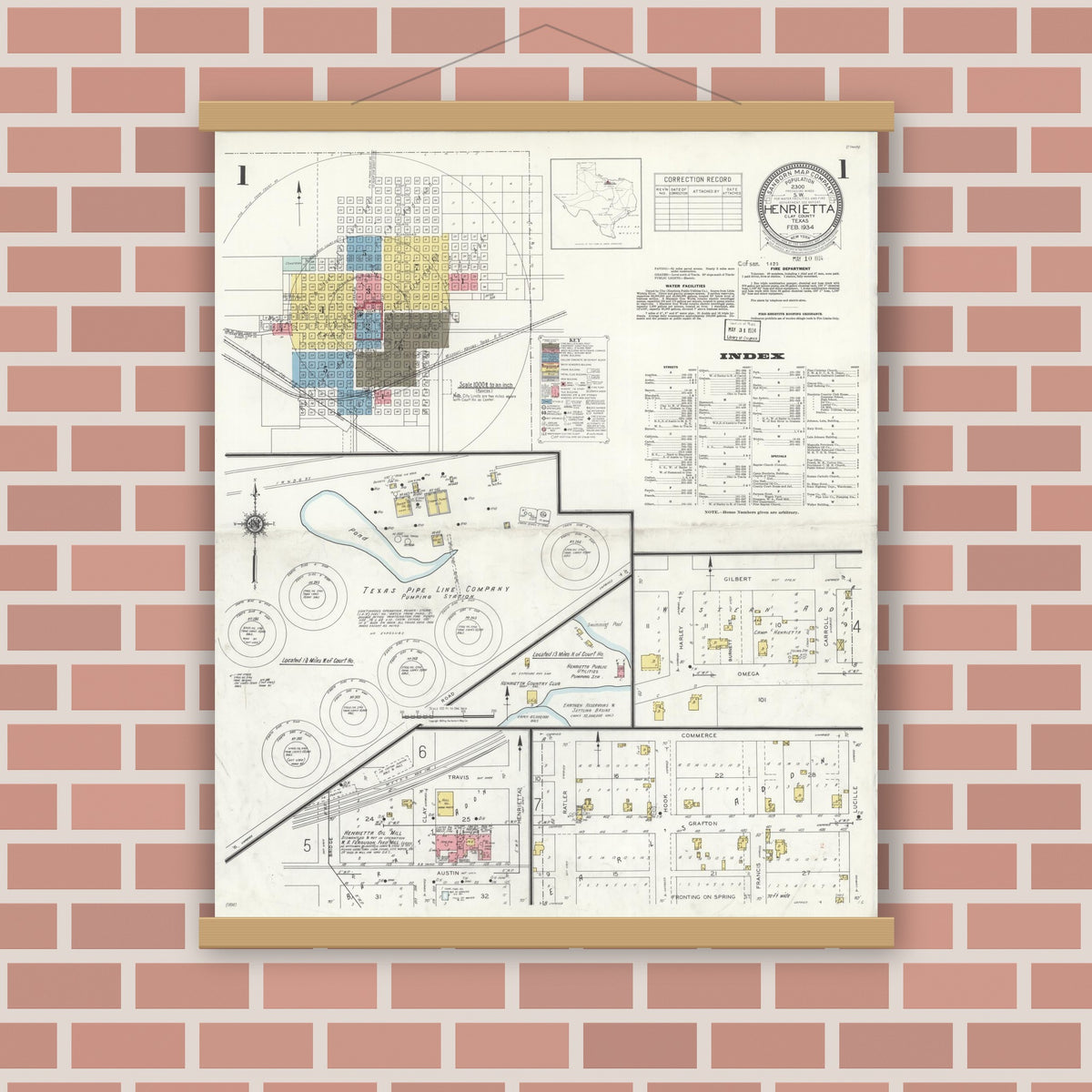 Old map wall art mockup — magnetic wood frame on brick wall — Sanborn Fire Insurance Map from Henrietta, Clay County, Texas (1934) - Complete Map Set
