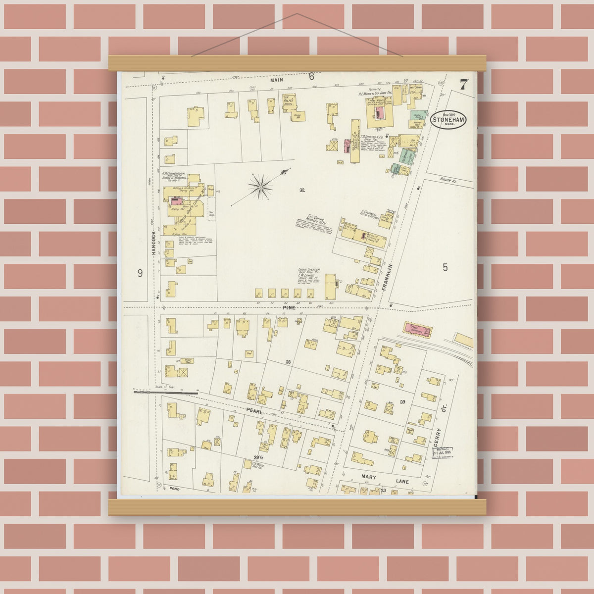 Old map wall art mockup — magnetic wood frame on brick wall — Sanborn Fire Insurance Map from Stoneham, Middlesex County, Massachusetts (1897), Sheet #0007