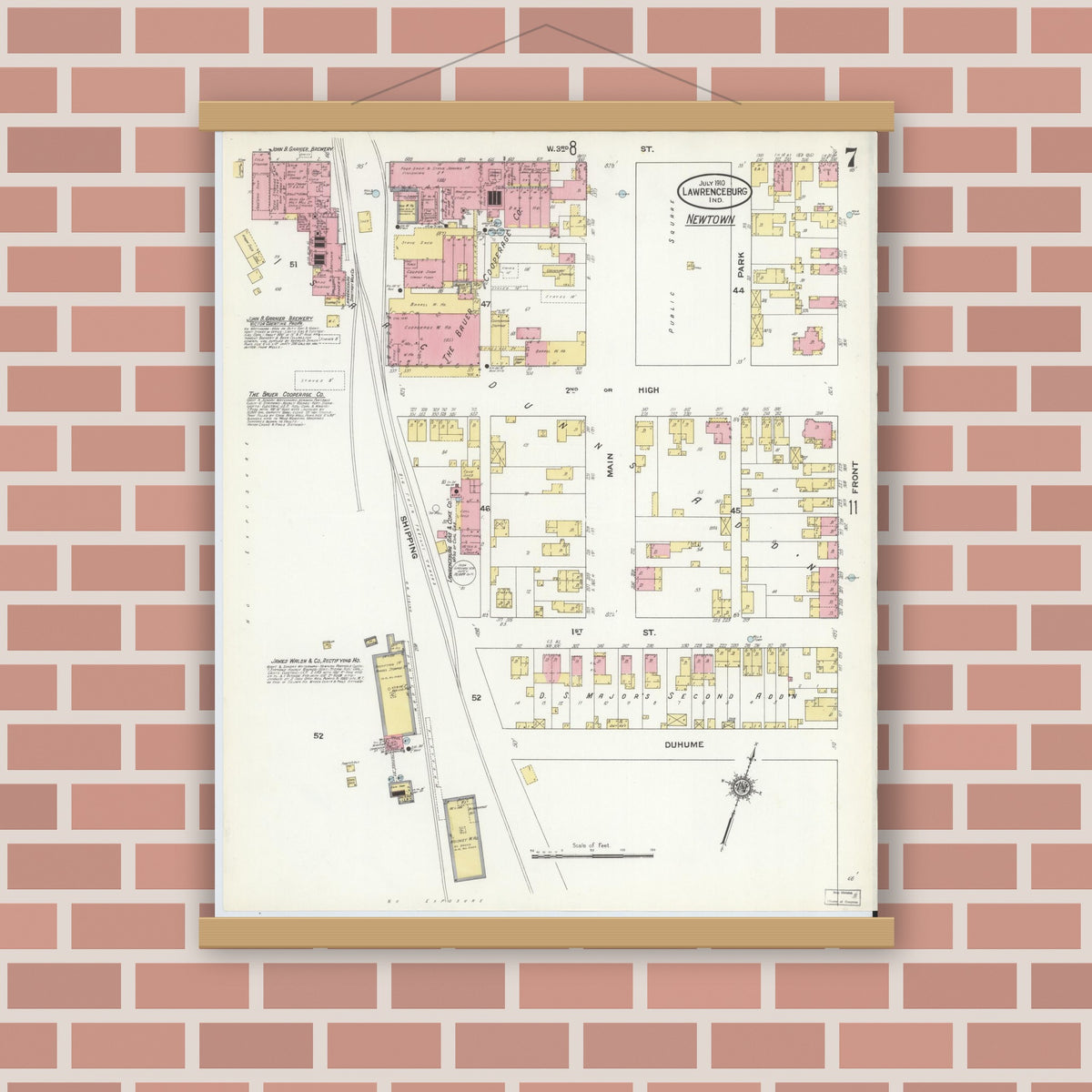 Old map wall art mockup — magnetic wood frame on brick wall — Sanborn Fire Insurance Map from Lawrenceburg, Dearborn County, Indiana (1910), Sheet #0007