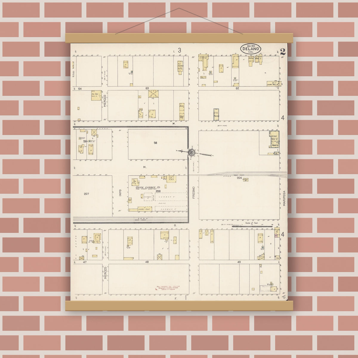 Old map wall art mockup — magnetic wood frame on brick wall — Sanborn Fire Insurance Map from Delano, Kern County, California (1912), Sheet #0002