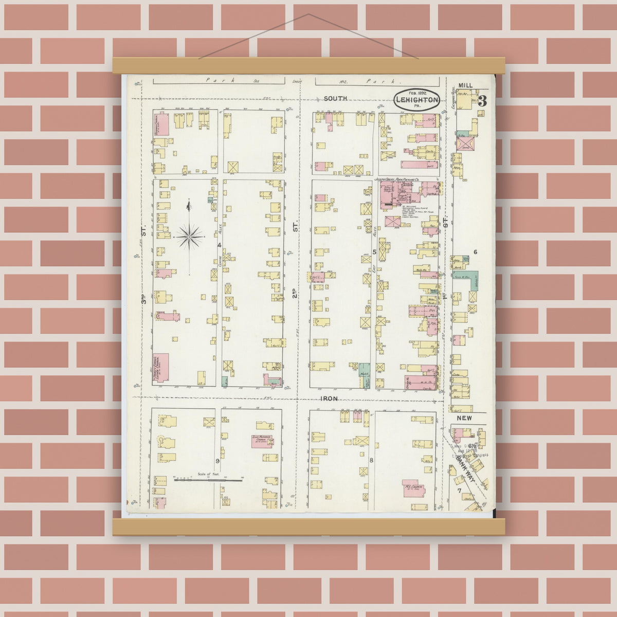 Old map wall art mockup — magnetic wood frame on brick wall — Sanborn Fire Insurance Map from Lehighton, Carbon County, Pennsylvania (1892), Sheet #0003