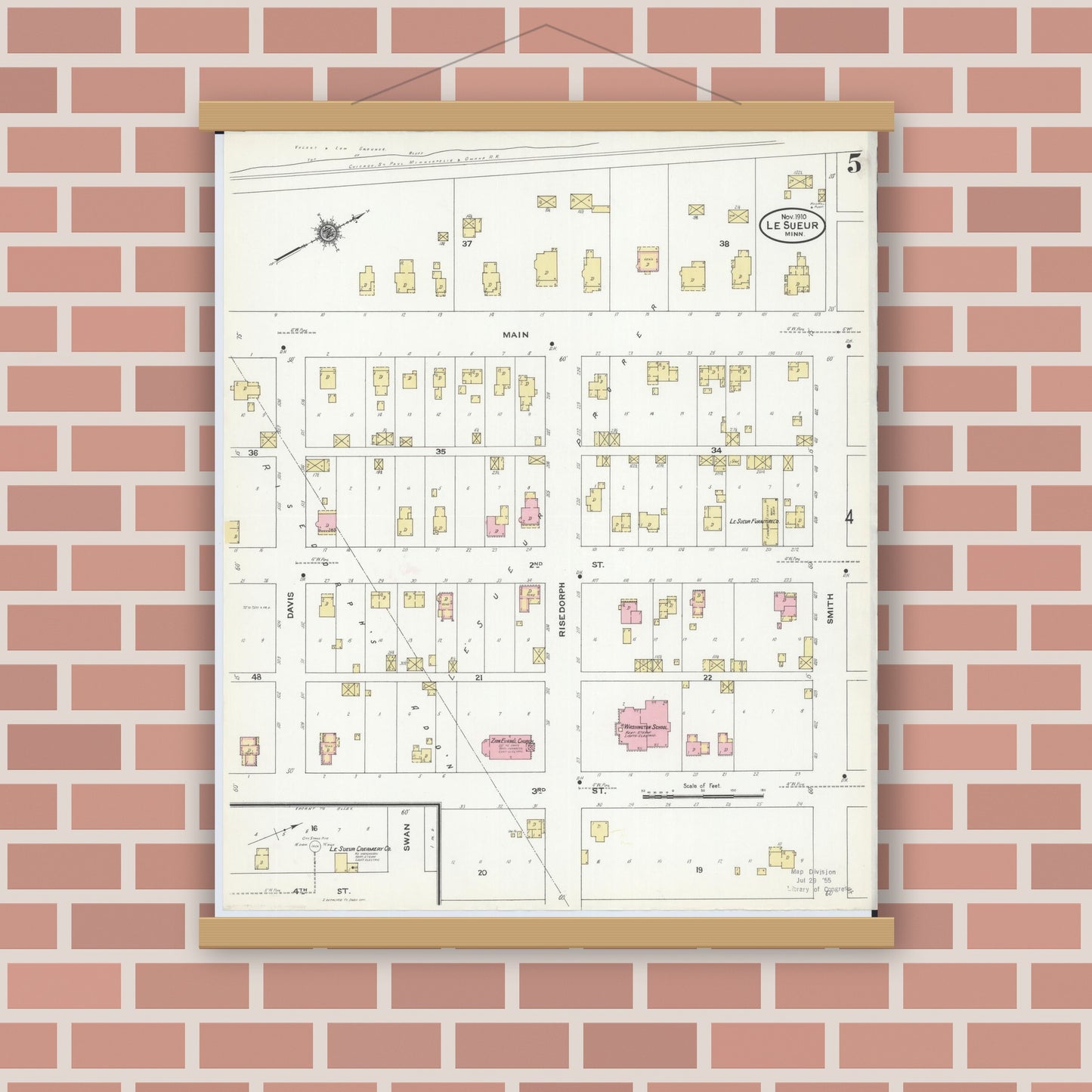Old map wall art mockup — magnetic wood frame on brick wall — Sanborn Fire Insurance Map from Le Sueur, Le Sueur County, Minnesota (1910), Sheet #0005