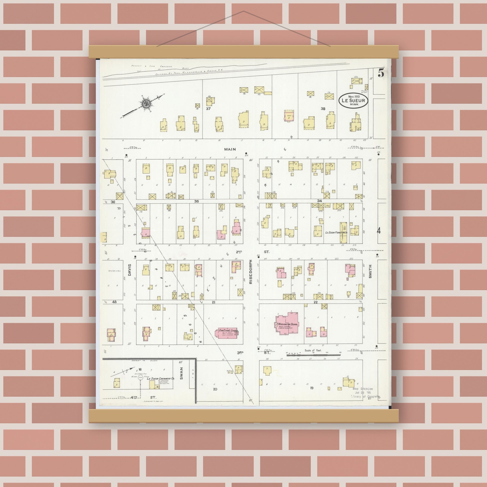 Old map wall art mockup — magnetic wood frame on brick wall — Sanborn Fire Insurance Map from Le Sueur, Le Sueur County, Minnesota (1910), Sheet #0005