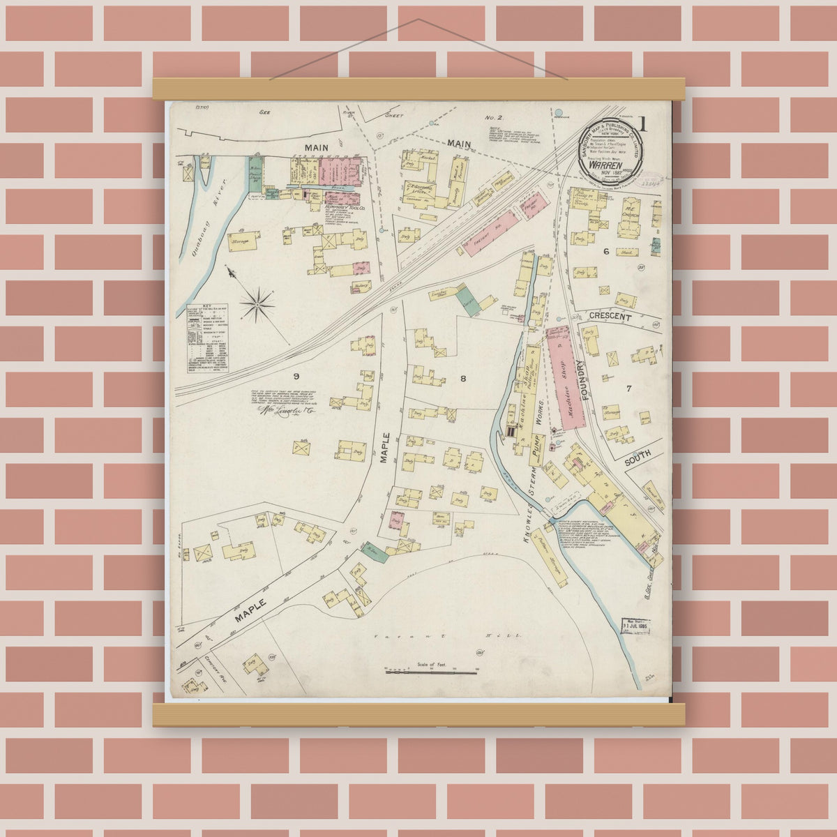 Old map wall art mockup — magnetic wood frame on brick wall — Sanborn Fire Insurance Map from Warren, Worcester County, Massachusetts (1887) - Complete Map Set
