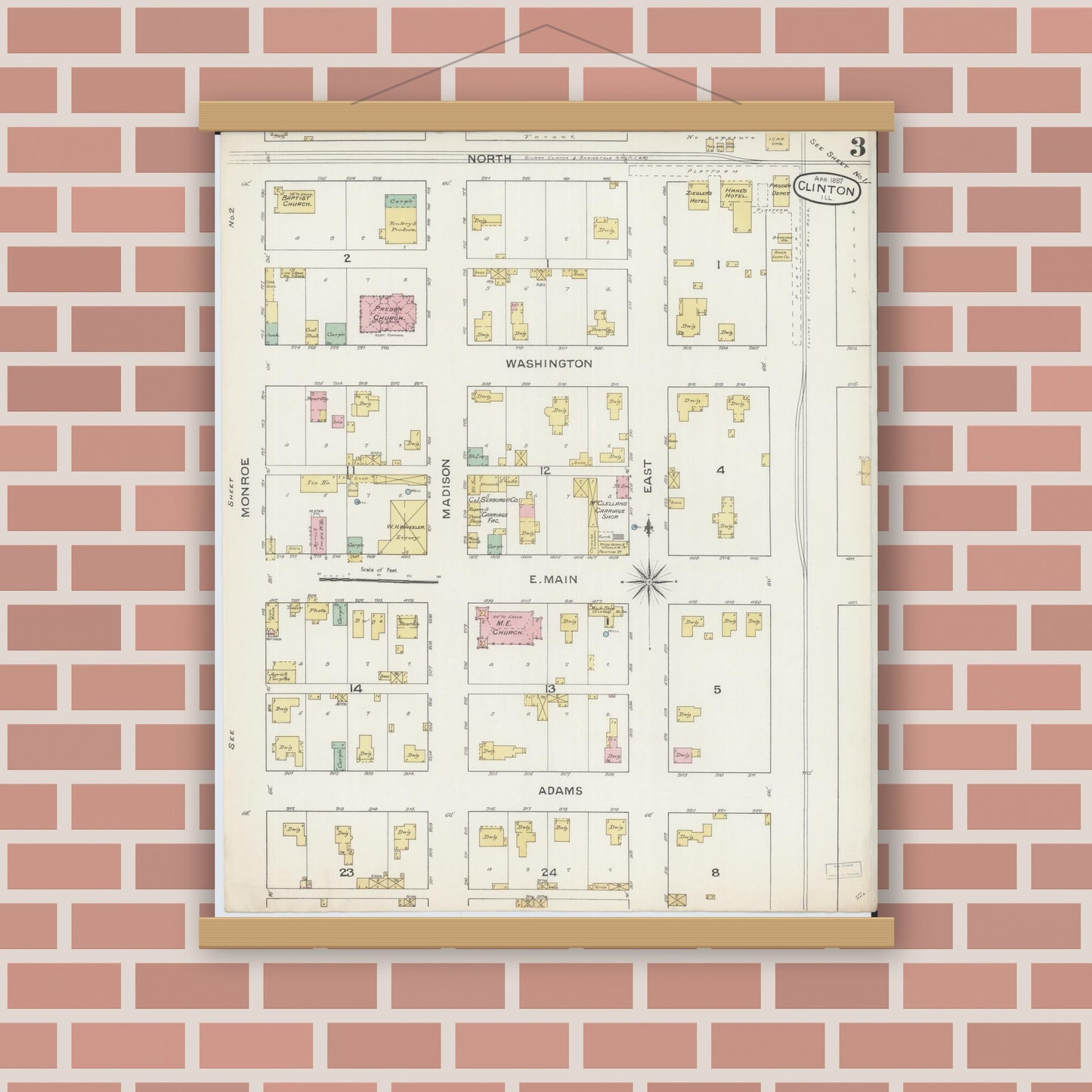 Old map wall art mockup — magnetic wood frame on brick wall — Sanborn Fire Insurance Map from Clinton, De Witt County, Illinois (1887), Sheet #0003