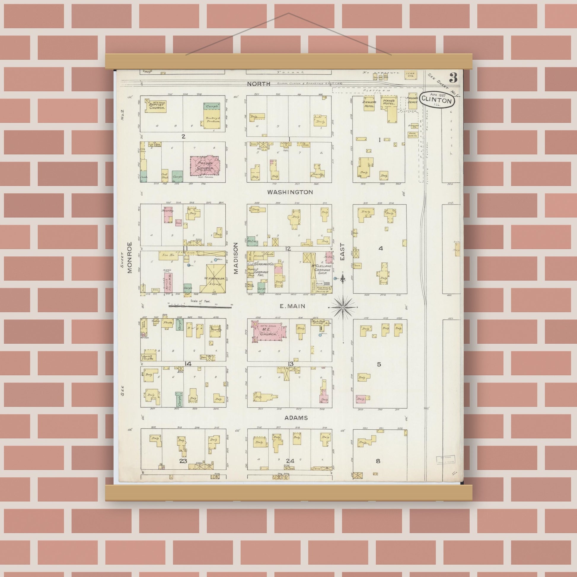 Old map wall art mockup — magnetic wood frame on brick wall — Sanborn Fire Insurance Map from Clinton, De Witt County, Illinois (1887), Sheet #0003