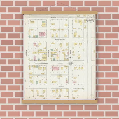 Old map wall art mockup — magnetic wood frame on brick wall — Sanborn Fire Insurance Map from Clinton, De Witt County, Illinois (1887), Sheet #0003