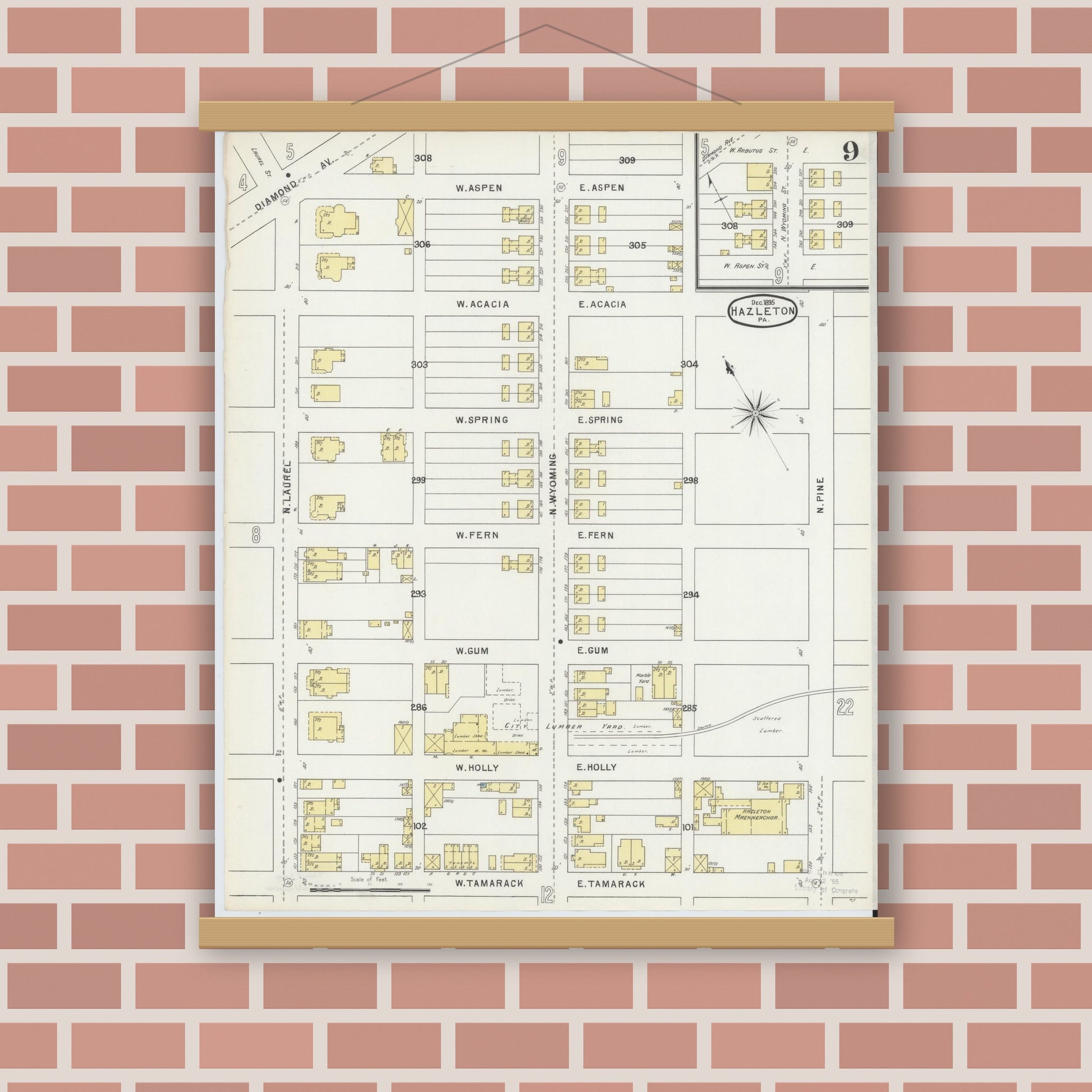 Old map wall art mockup — magnetic wood frame on brick wall — Sanborn Fire Insurance Map from Hazleton, Luzerne County, Pennsylvania (1895), Sheet #0009