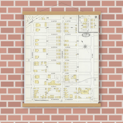 Old map wall art mockup — magnetic wood frame on brick wall — Sanborn Fire Insurance Map from Hazleton, Luzerne County, Pennsylvania (1895), Sheet #0009