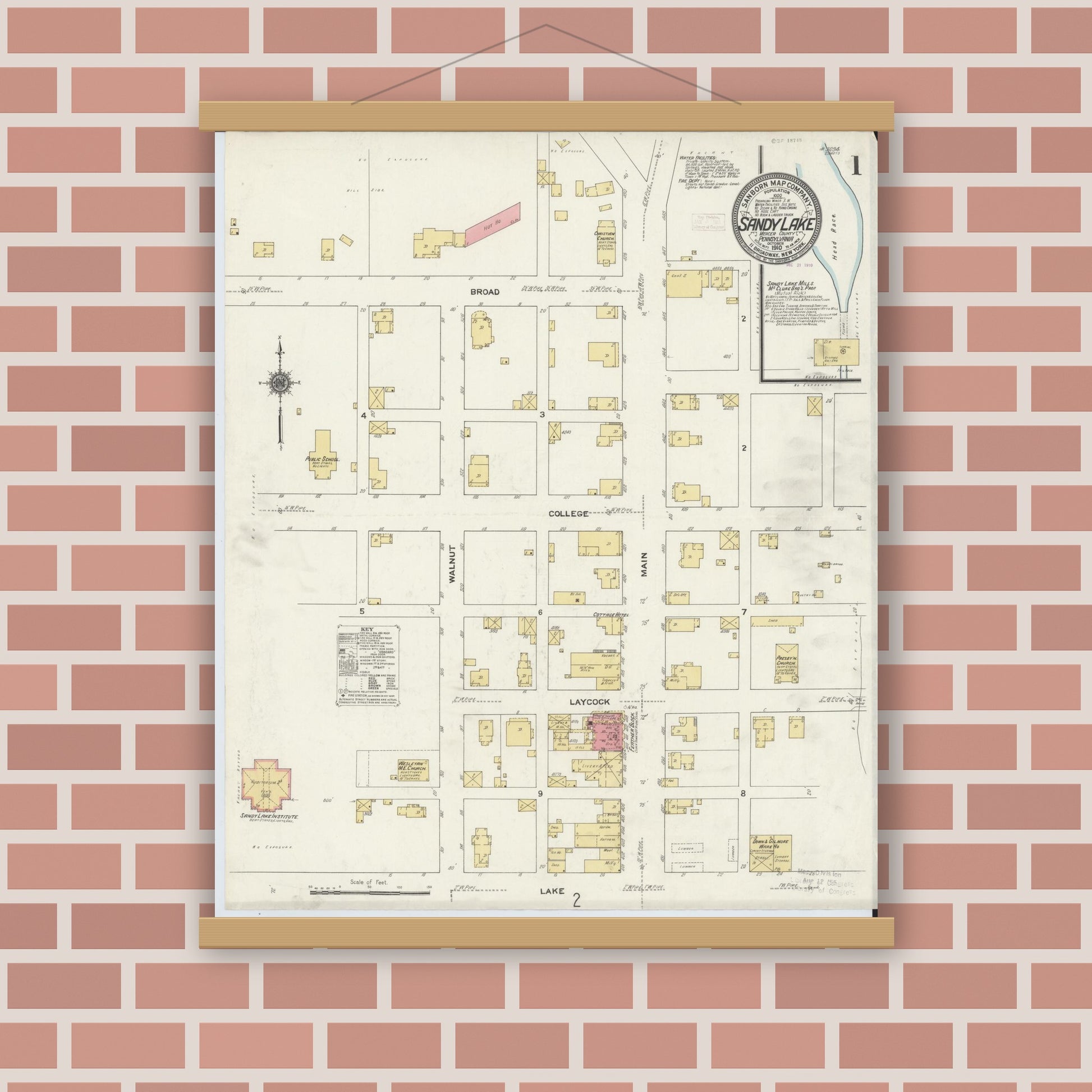 Old map wall art mockup — magnetic wood frame on brick wall — Sanborn Fire Insurance Map from Sandy Lake, Mercer County, Pennsylvania (1910), Sheet #0001