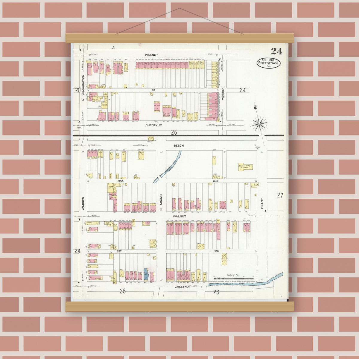 Old map wall art mockup — magnetic wood frame on brick wall — Sanborn Fire Insurance Map from Pottstown, Montgomery County, Pennsylvania (1909), Sheet #0024