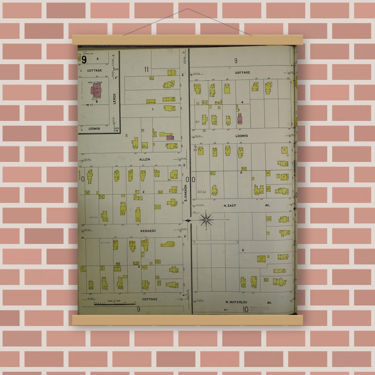 Old map wall art mockup — magnetic wood frame on brick wall — Sanborn Fire Insurance Map from Jackson, Jackson County, Michigan (1907), Sheet #0009
