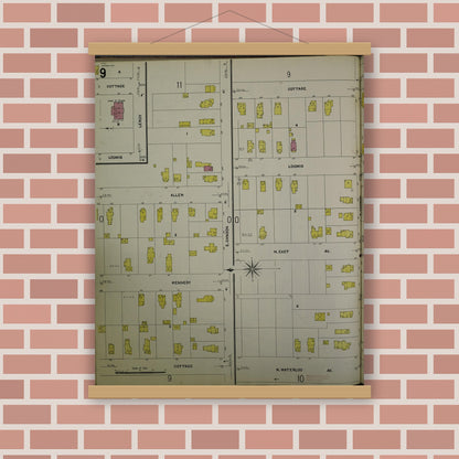 Old map wall art mockup — magnetic wood frame on brick wall — Sanborn Fire Insurance Map from Jackson, Jackson County, Michigan (1907), Sheet #0009