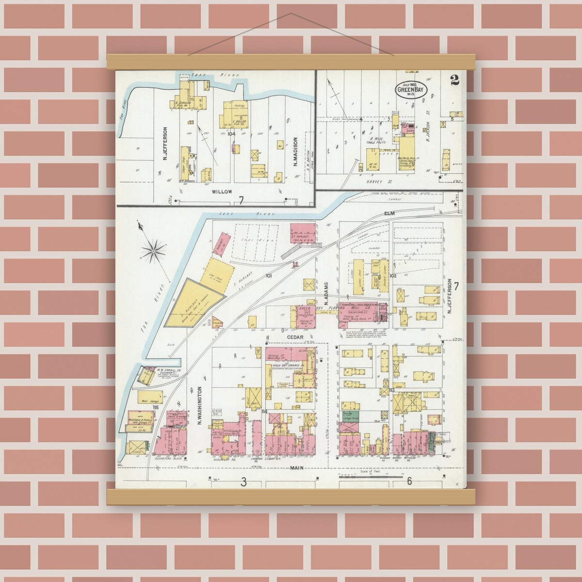 Old map wall art mockup — magnetic wood frame on brick wall — Sanborn Fire Insurance Map from Green Bay, Brown County, Wisconsin (1900), Sheet #0002