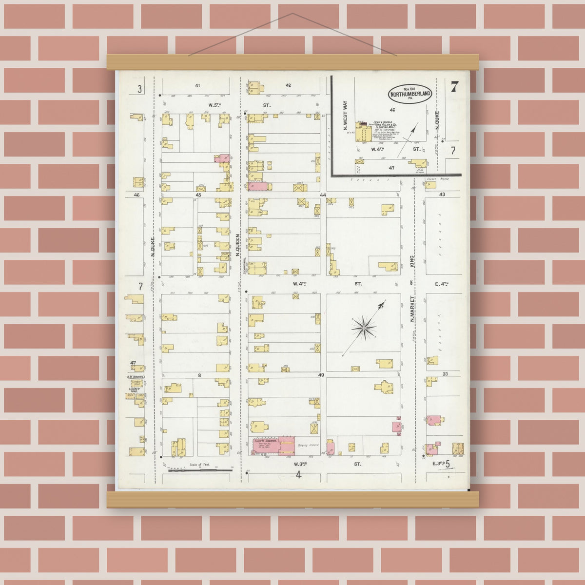 Old map wall art mockup — magnetic wood frame on brick wall — Sanborn Fire Insurance Map from Northumberland, Northumberland County, Pennsylvania (1901), Sheet #0007
