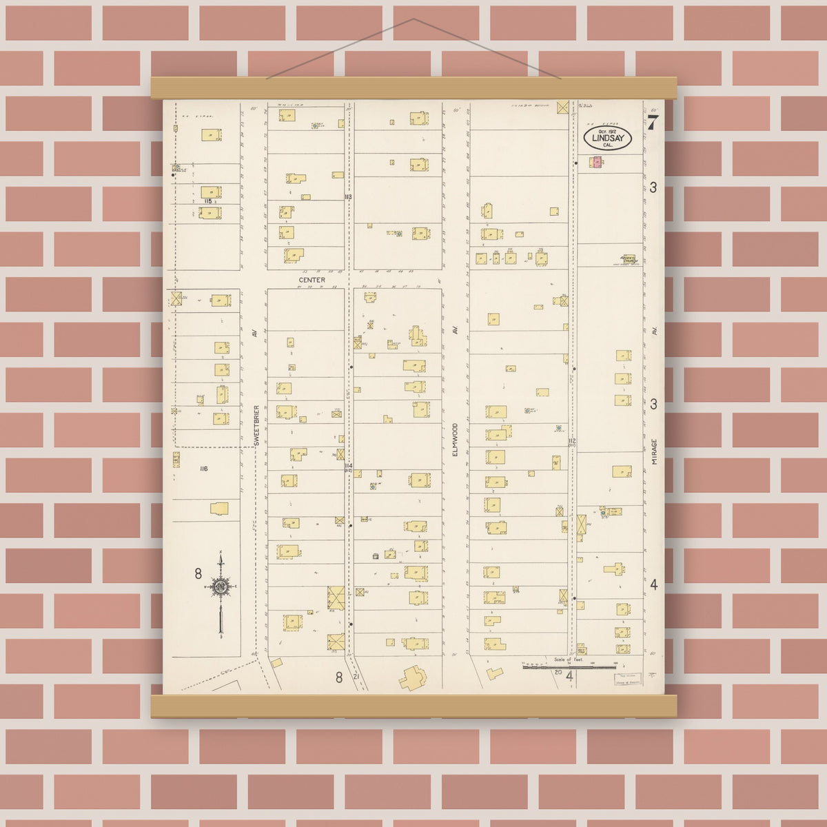 Old map wall art mockup — magnetic wood frame on brick wall — Sanborn Fire Insurance Map from Lindsay, Tulare County, California (1912), Sheet #0007