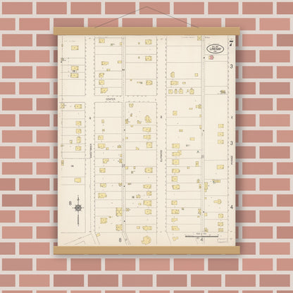 Old map wall art mockup — magnetic wood frame on brick wall — Sanborn Fire Insurance Map from Lindsay, Tulare County, California (1912), Sheet #0007