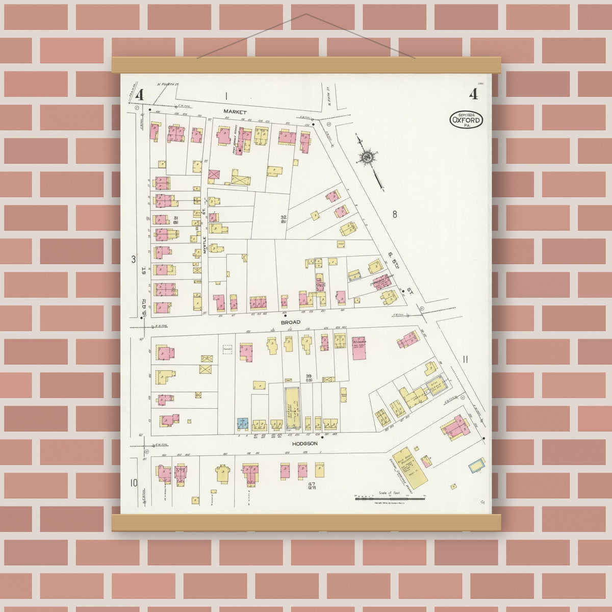 Old map wall art mockup — magnetic wood frame on brick wall — Sanborn Fire Insurance Map from Oxford, Chester County, Pennsylvania (1924), Sheet #0004