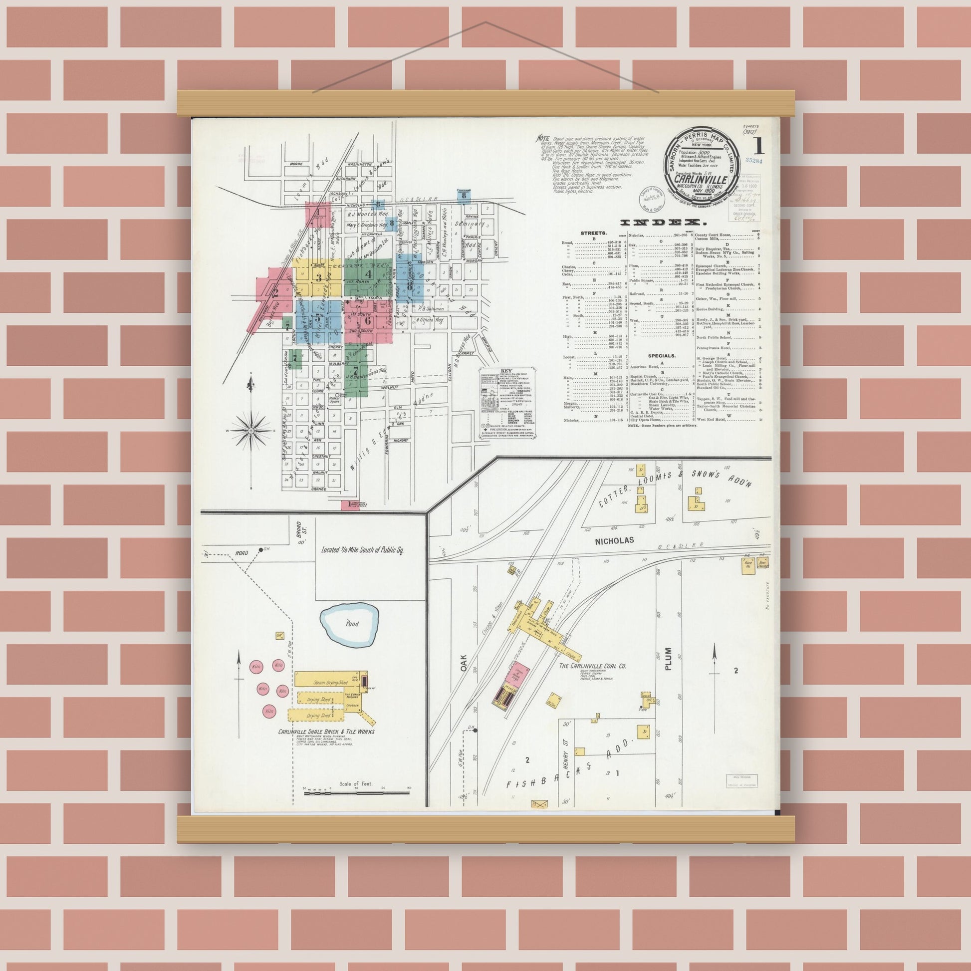 Old map wall art mockup — magnetic wood frame on brick wall — Sanborn Fire Insurance Map from Carlinville, Macoupin County, Illinois (1900) - Complete Map Set