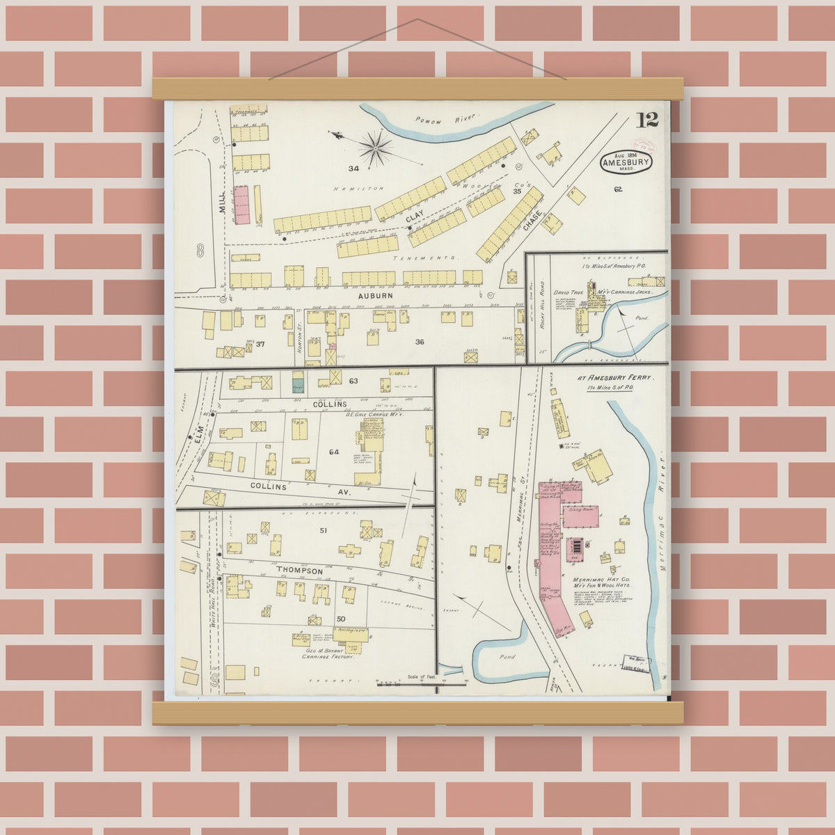 Old map wall art mockup — magnetic wood frame on brick wall — Sanborn Fire Insurance Map from Amesbury, Essex County, Massachusetts (1894), Sheet #0012